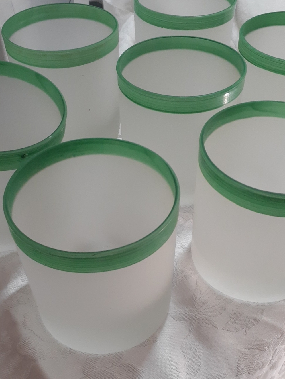 ARTISAN MADE 7 Hand Blown Frosted Glass Lowball Tumbler Glasses With Green Lip